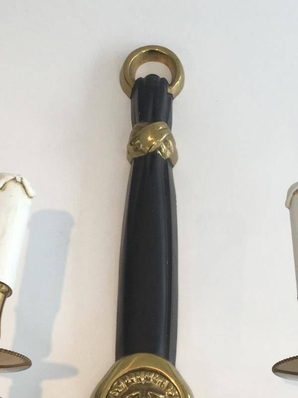 Pair of Black Lacquered Bronze Wall Lights with Lion Head Decorations