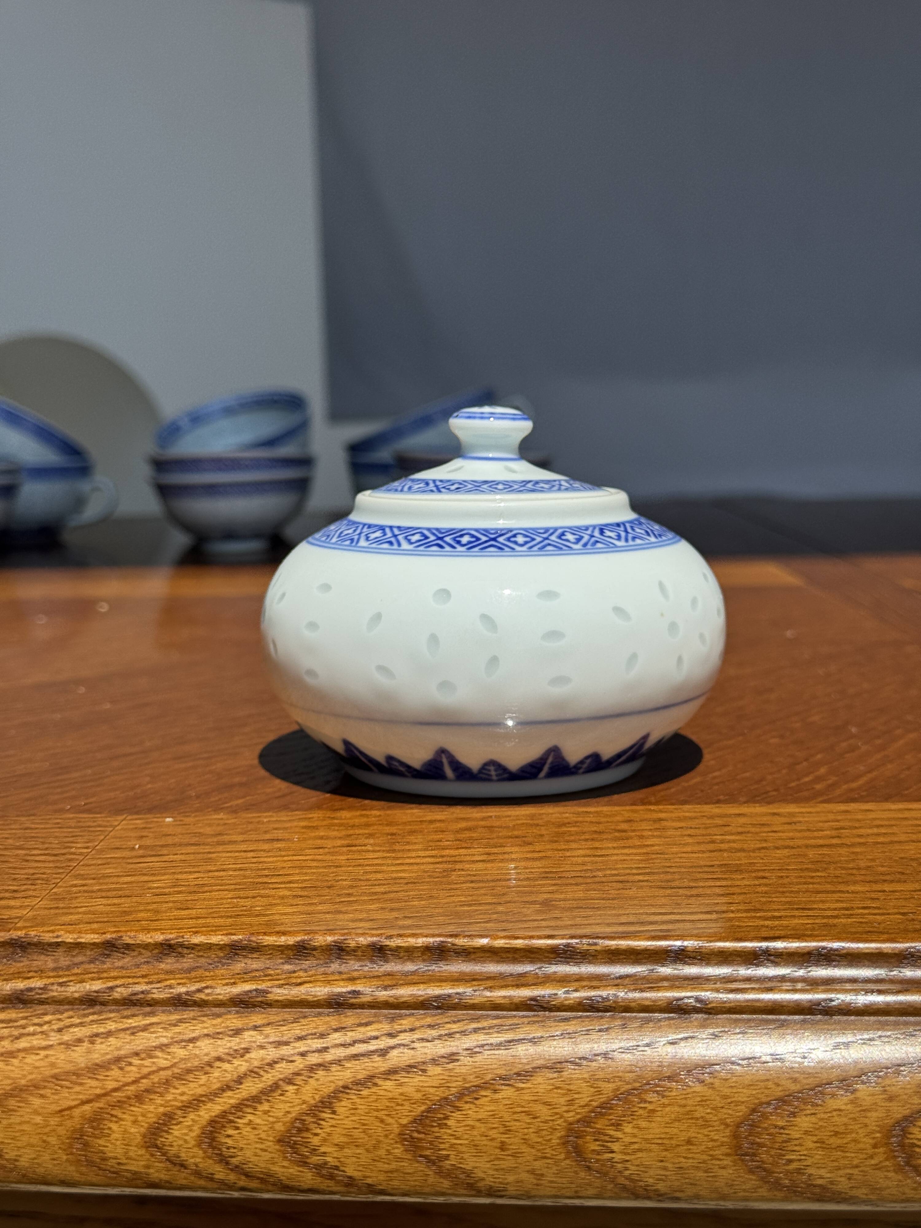 Small Chinese blue and white tea set for 6 cups and saucers.