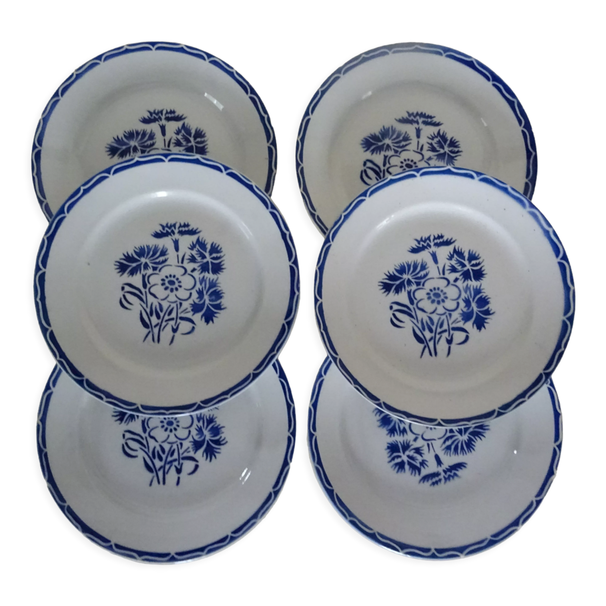 6 flat plates Lunéville old faience 388112 blue flowers