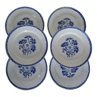 6 flat plates Lunéville old faience 388112 blue flowers