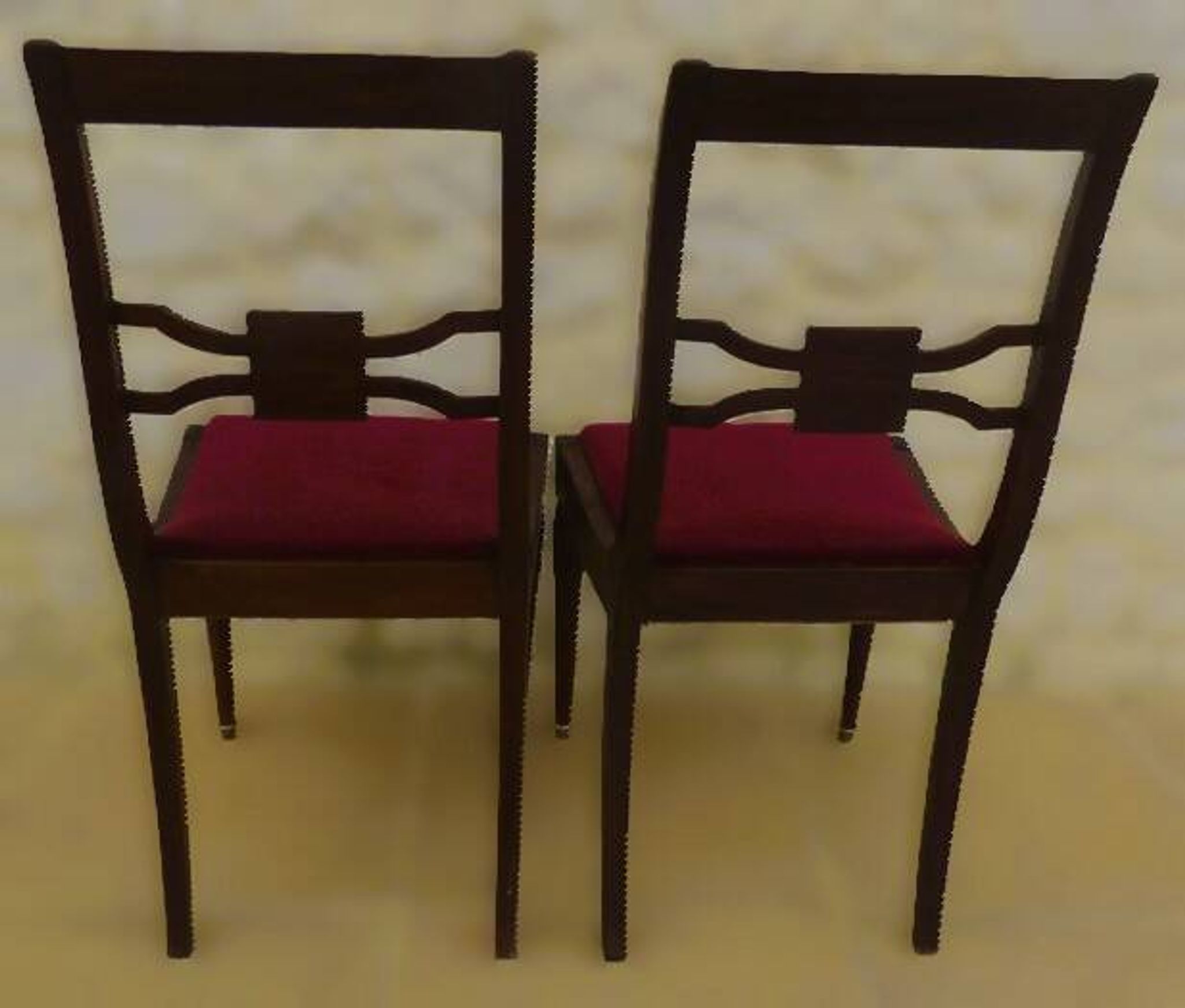 2 stylish solid wood chairs with red velvet fabric seats