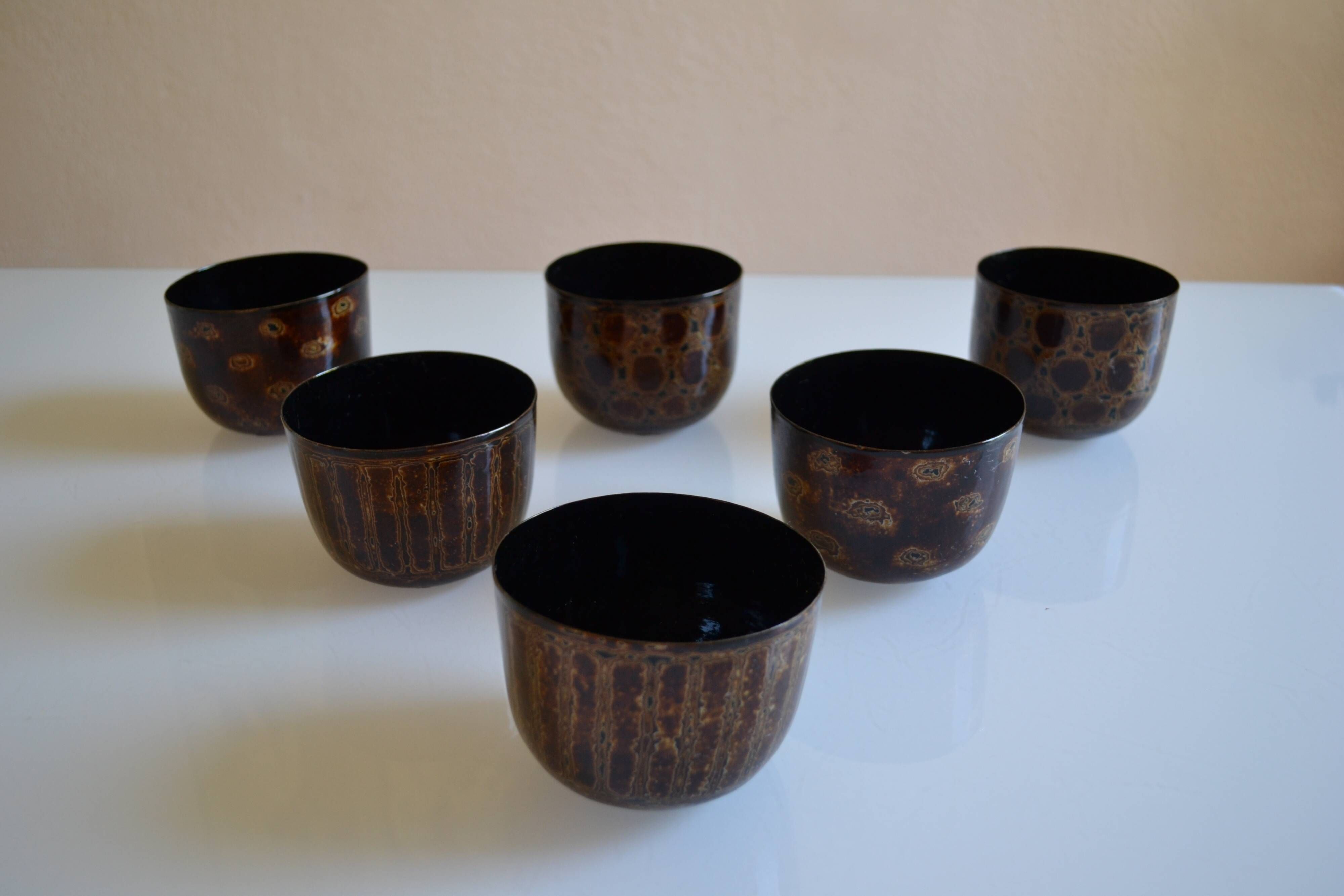 Set of 6 traditional bowls Burmese craftsmanship lacquered bamboo horsehair