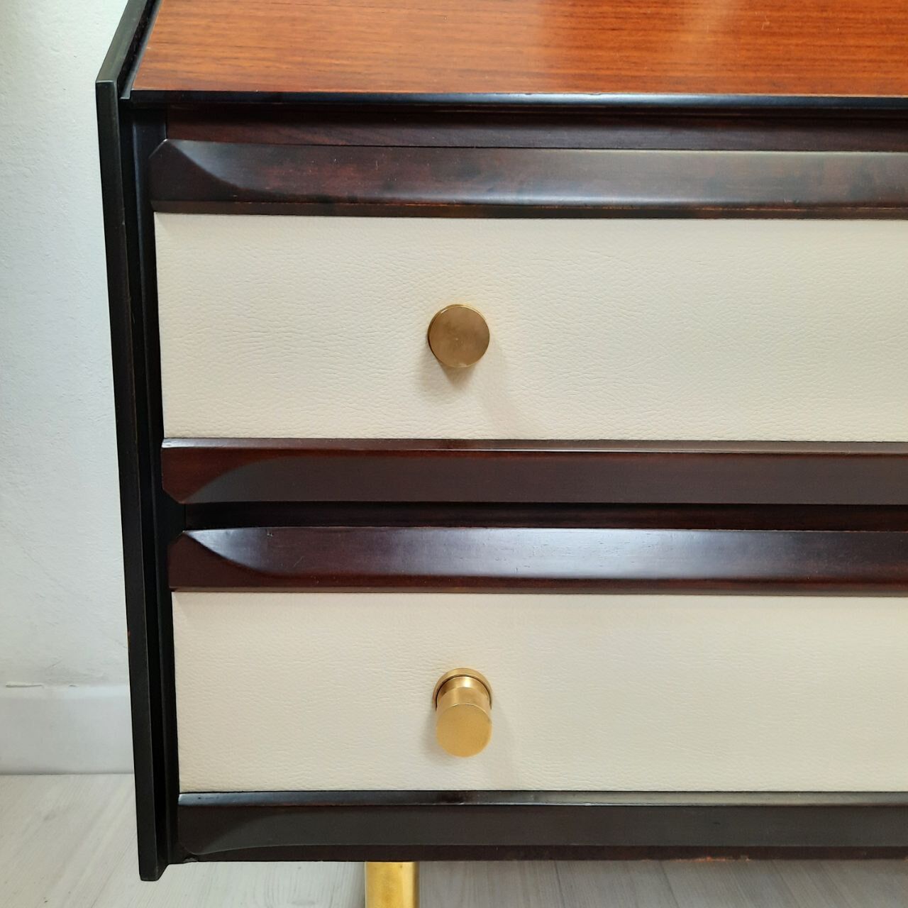 Dresser / chest of drawers and bedside tables - 1960s - faux leather brass