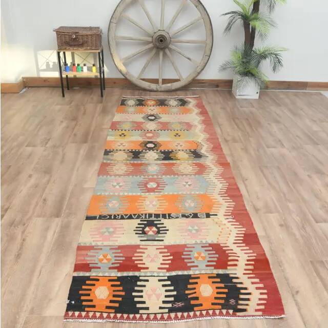 1970s Vintage Turkish Handmade Wool Cotton Orange Kilim Rug 97x295