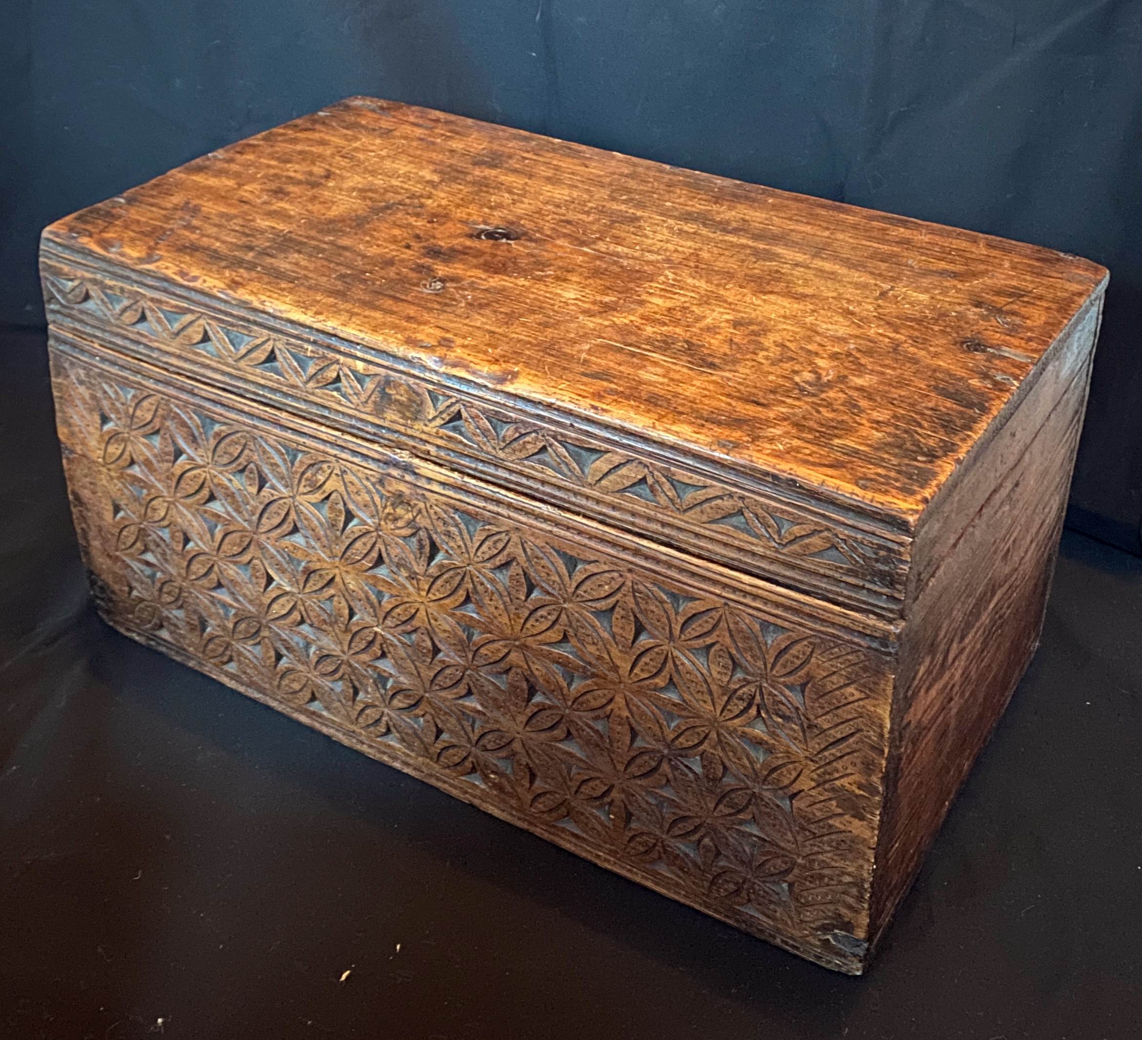 Old wooden chest with carved rosettes regionalism folk art