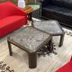 Pair of low tables in oak and fossil stone - work from the 1970s