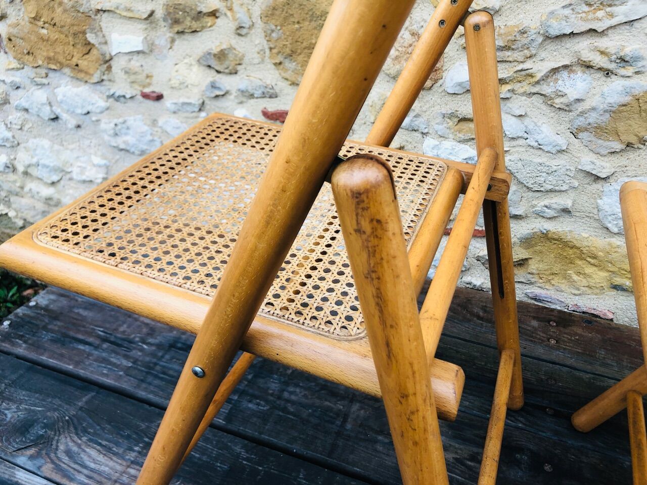 Set of 2 vintage folding chairs, rattan cane for Habitat, circa 70/80