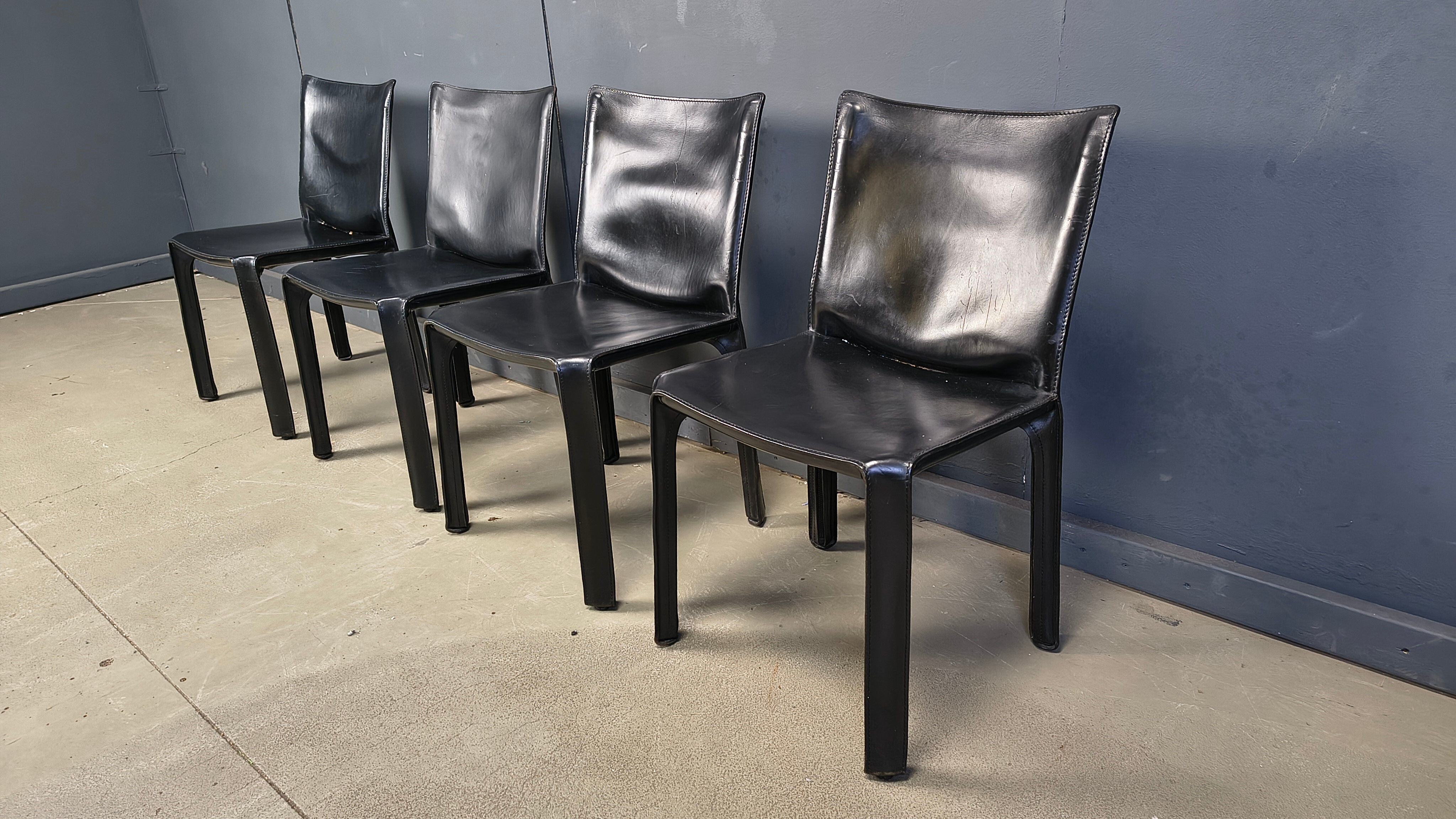 Black leather Mario Bellini Cab dining chairs Italy, 1970s - set of 4