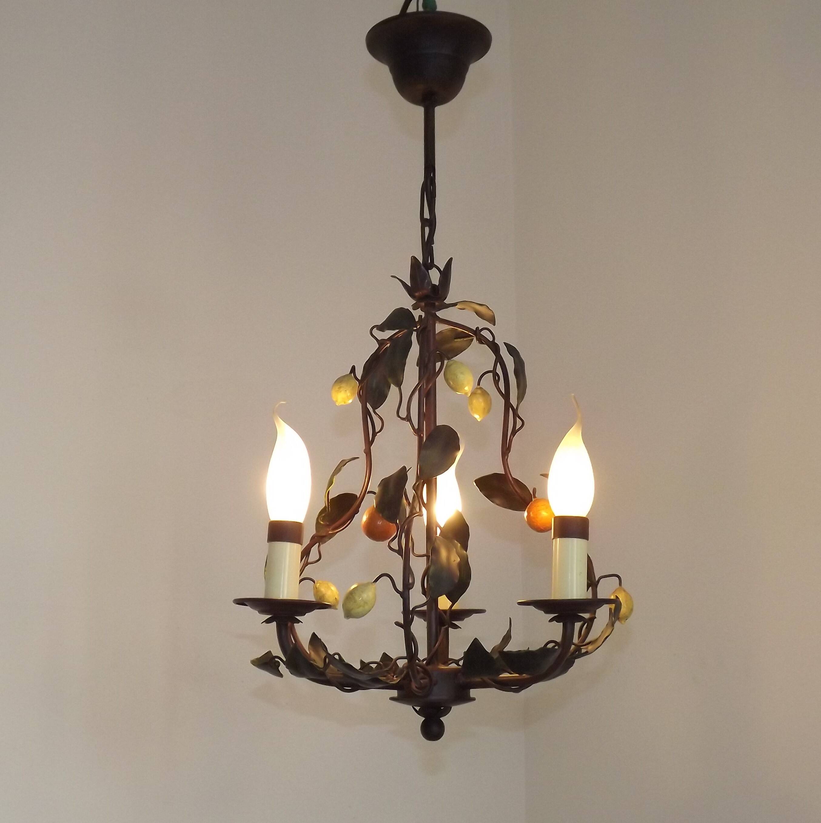 Lustre français à 3 lumières, brun clair, avec feuilles vertes, citrons et oranges 5473