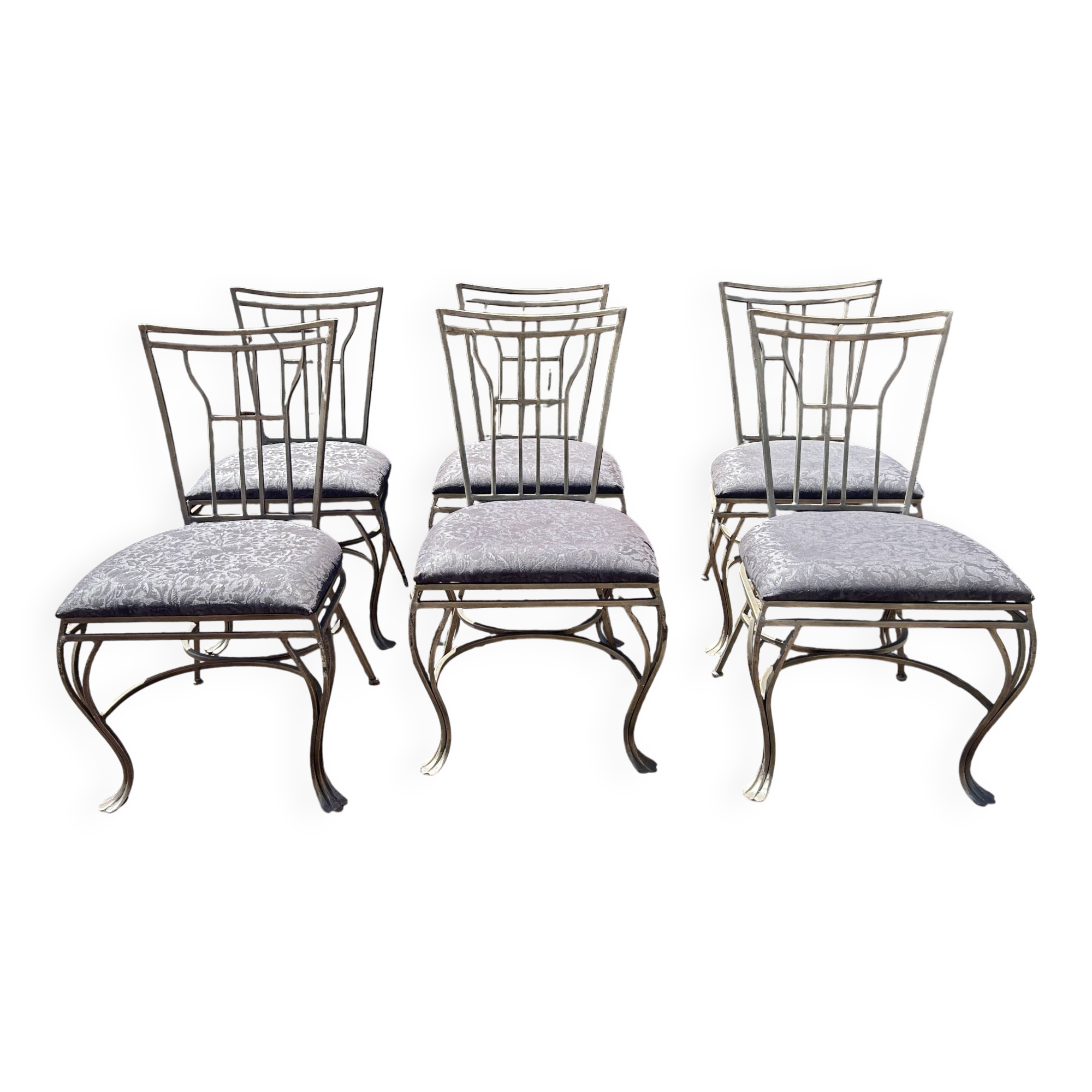 6 wrought iron chairs with fabric seats