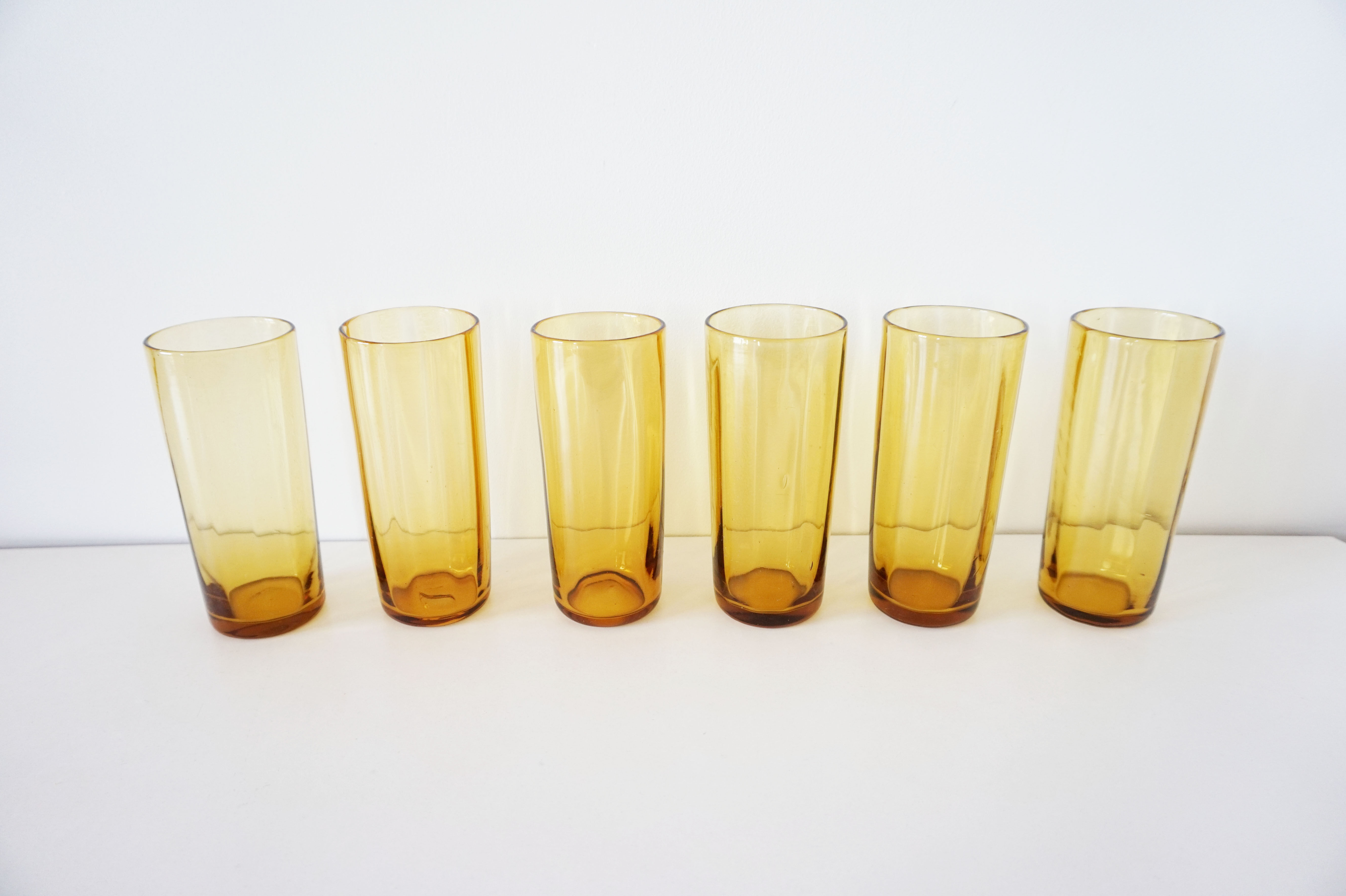 6 amber glass water glasses 1960