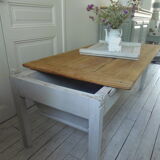 Coffee table made from an authentic farmhouse table, leg patinated pearl gray