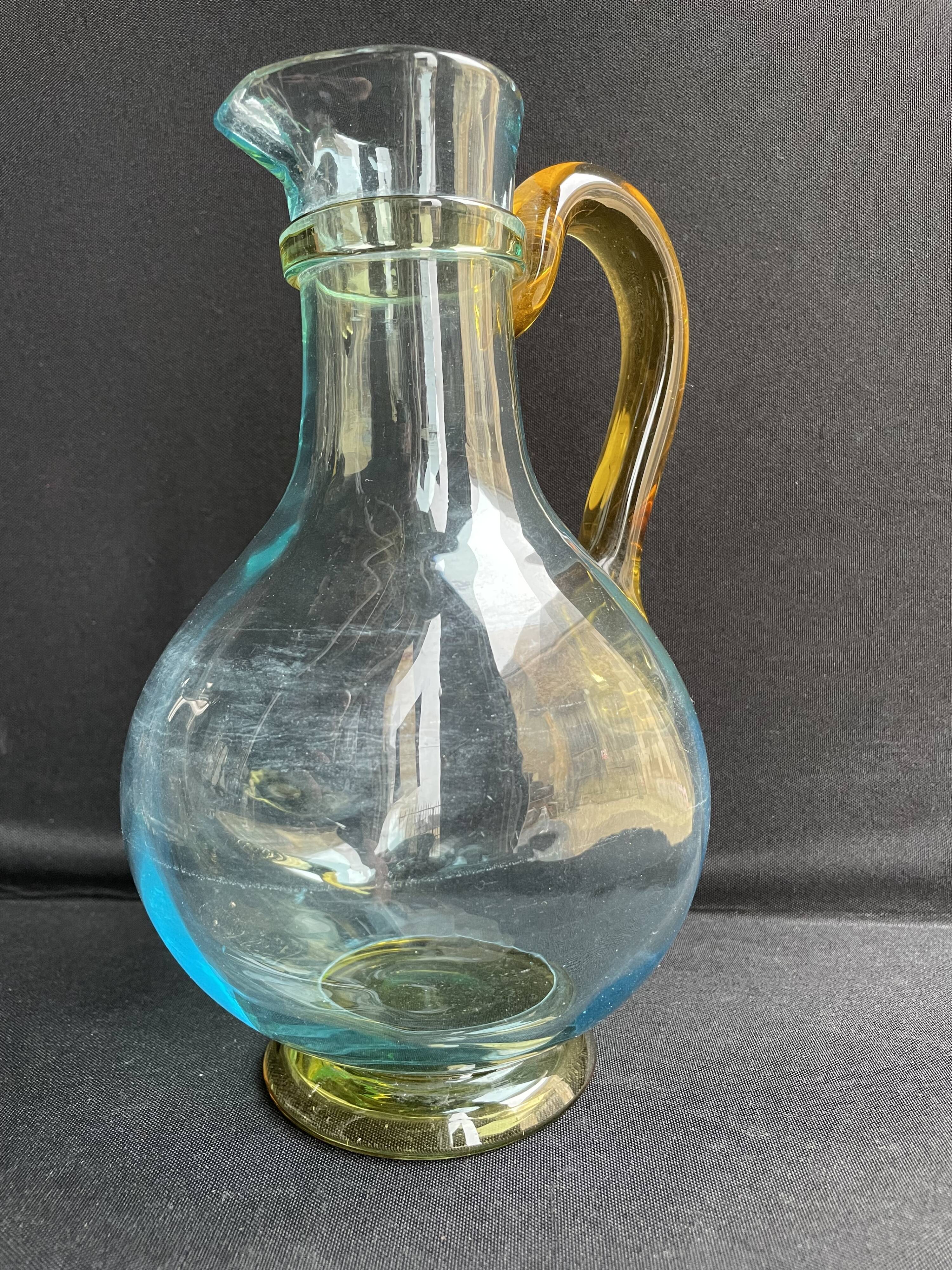 Glassware-crystallery of Portieux - 1 broc and 2 glasses - Napoleon III - Colored blown glass - G