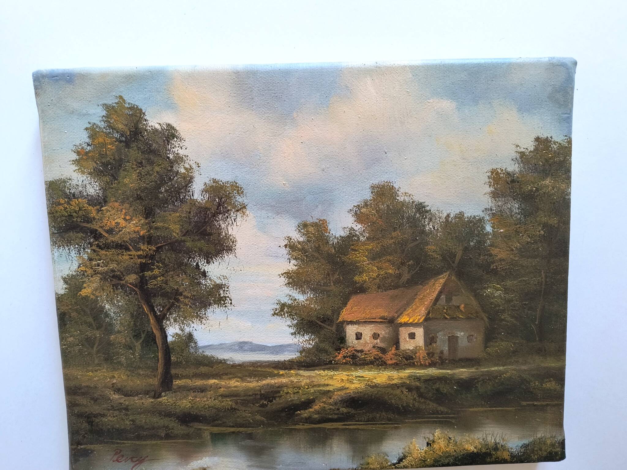 Antique painting signed "Percy" - House by the pond - oil on canvas