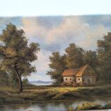 Antique painting signed "Percy" - House by the pond - oil on canvas