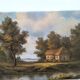Antique painting signed "Percy" - House by the pond - oil on canvas