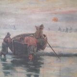 Tableau ancien à l'huile sur un panneau de bois représentant des pêcheurs