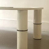 Rectangular coffee table with rounded edges, lacquered metal, brass & smoked mirror, 70s design.