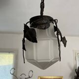 Antique glass and wrought iron pendant light with ivy decor Art Deco chandelier globe
