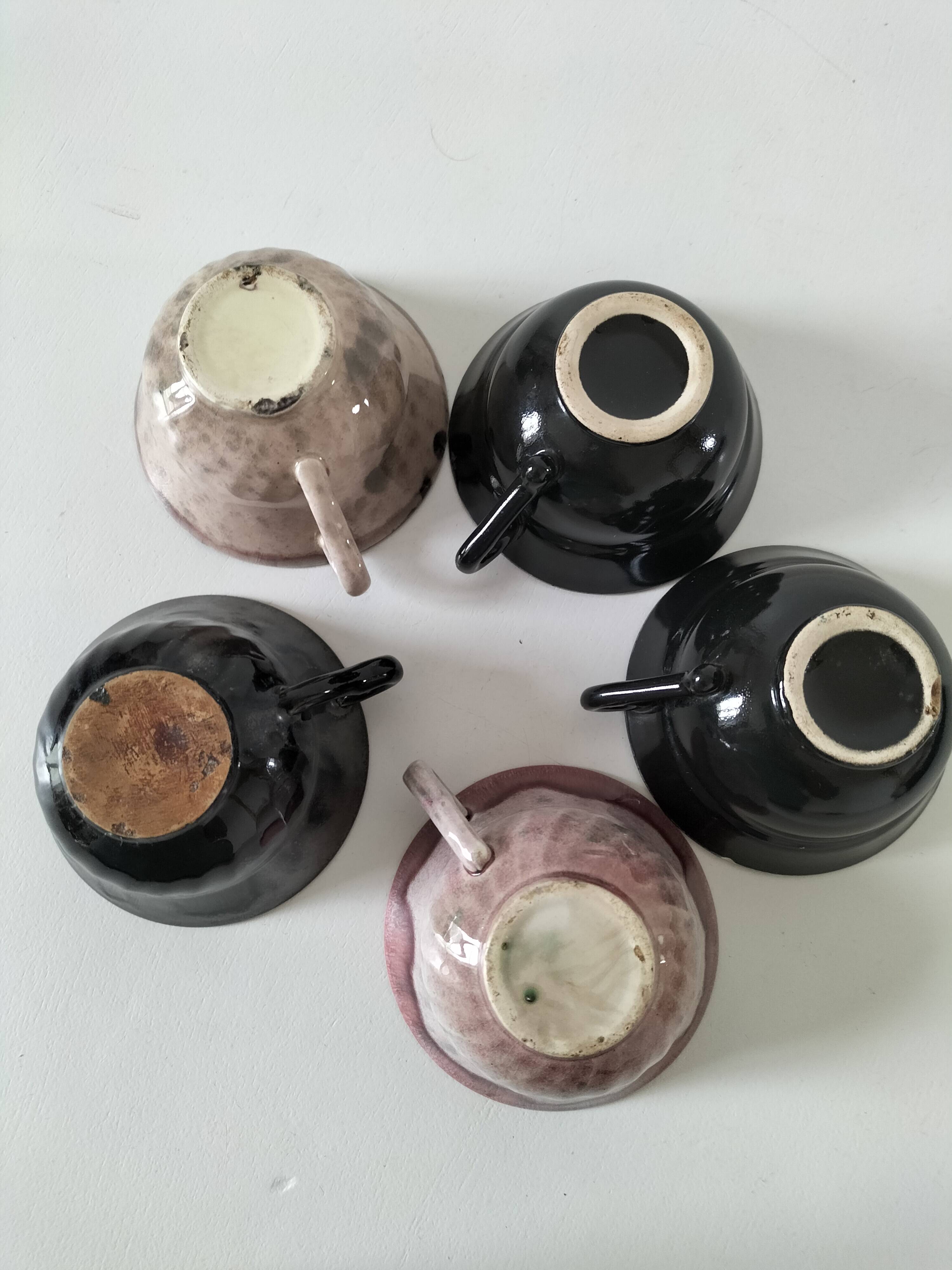 5 tasses Gaubier Morvan grès émaillé flammé multicolore