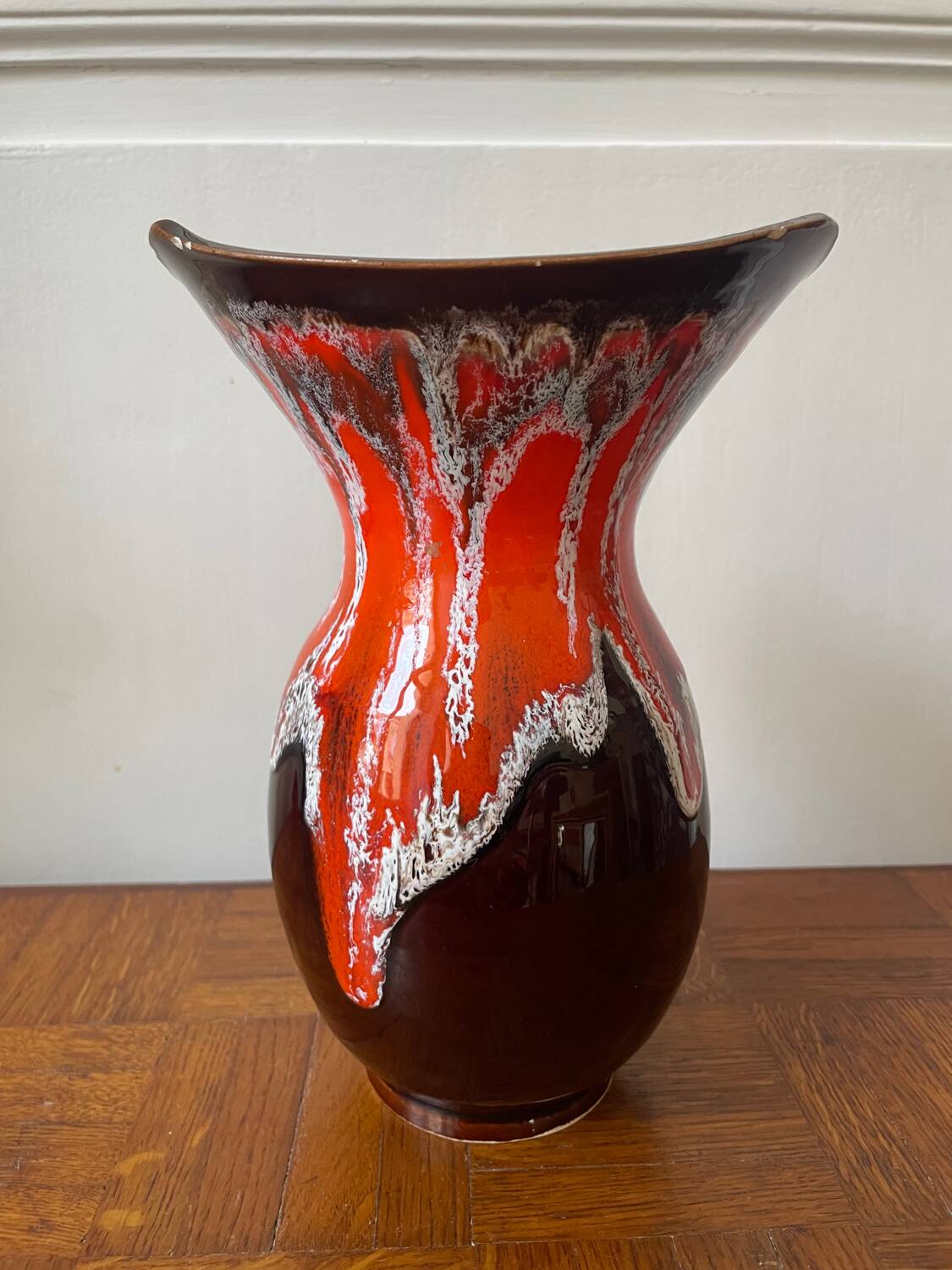 Vallauris vase in brown and orange fat lava