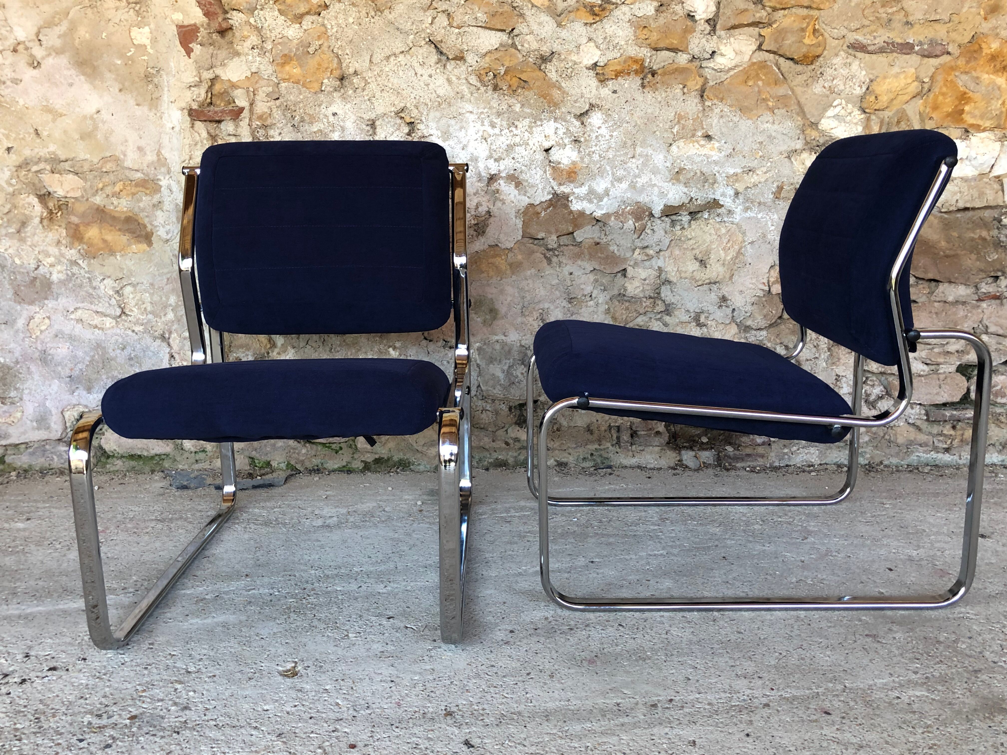 Pair of vintage chrome and blue microfibre armchairs circa 70