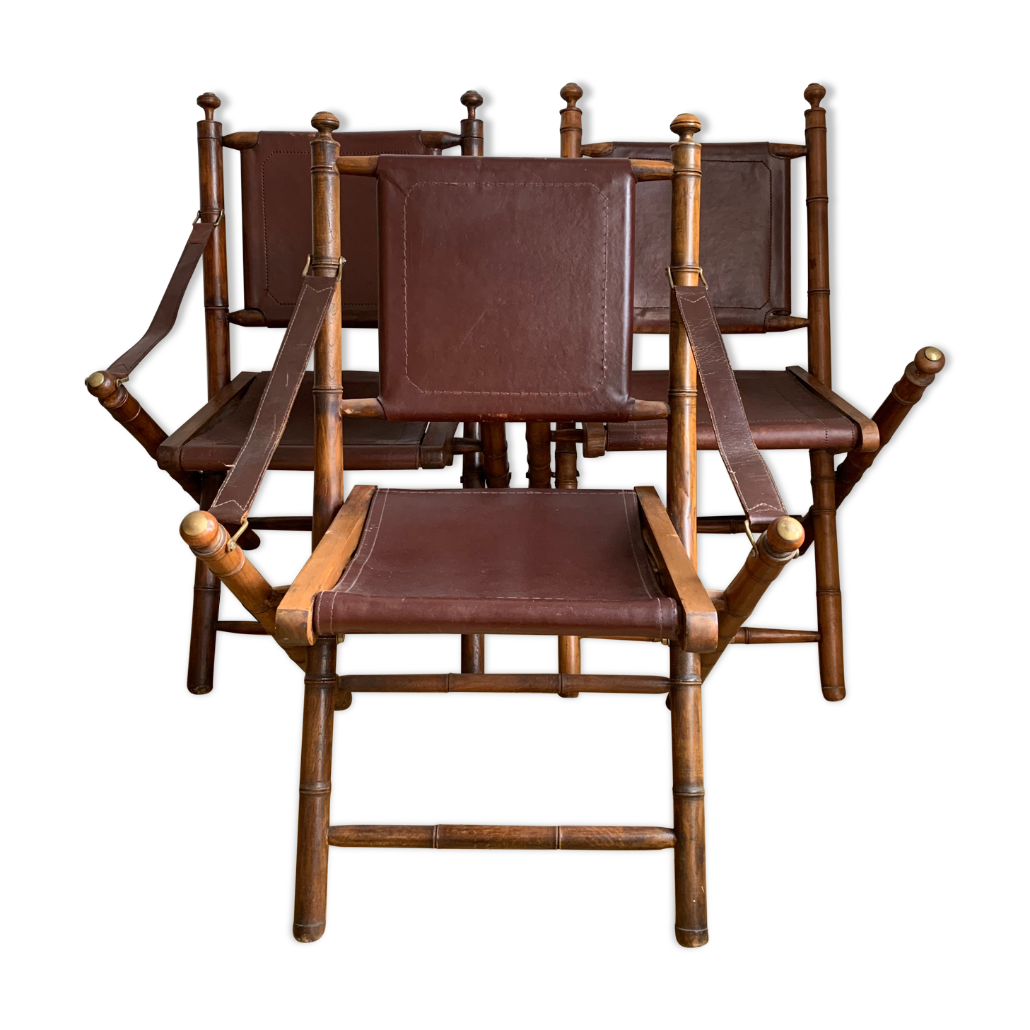 Lot de trois chaises d’officier pliantes bois et cuir