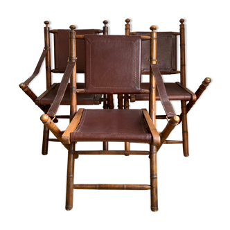 Set of three folding officer chairs wood and leather