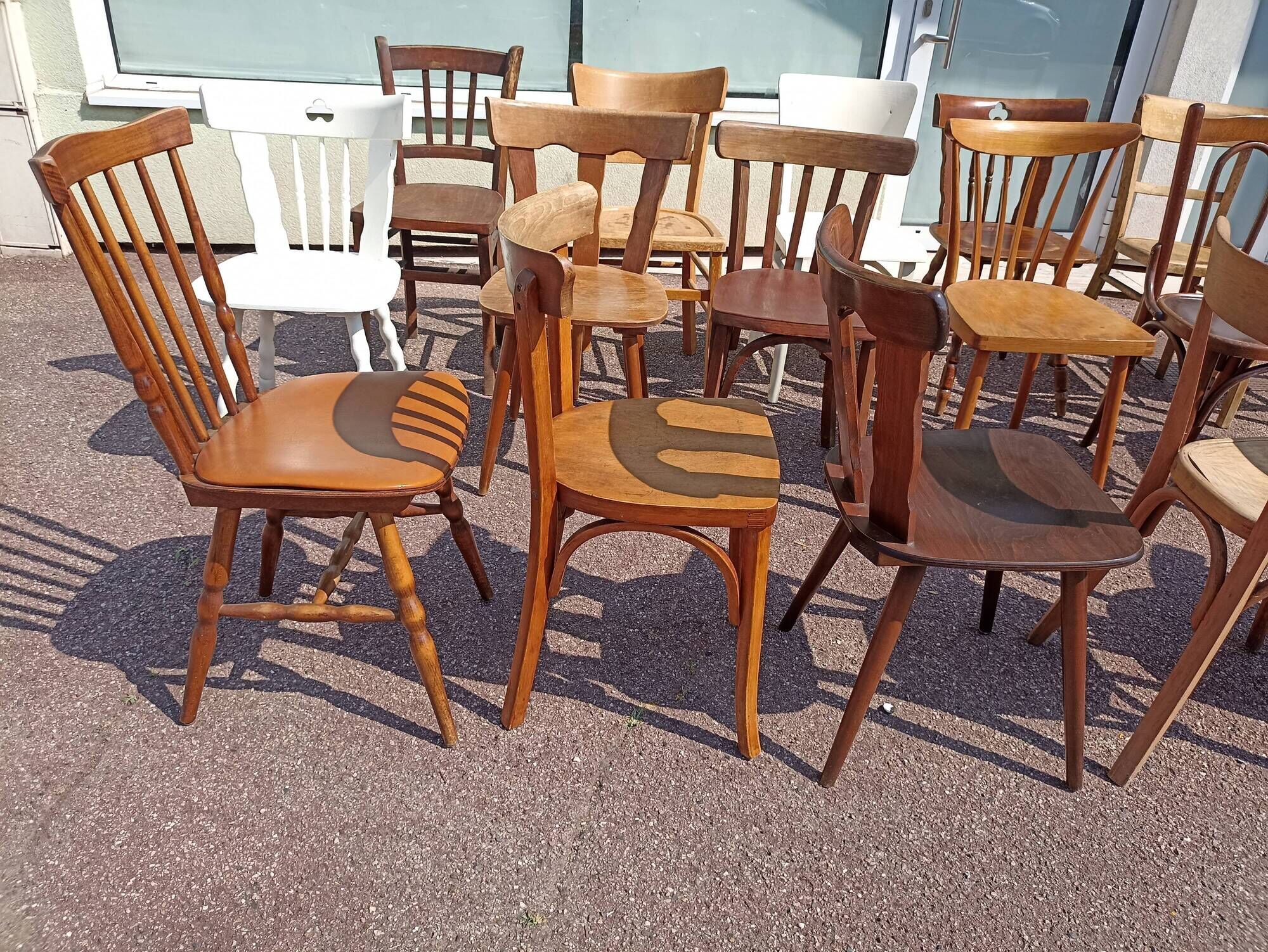 Set of 18 mismatched wooden bistro chairs - vintage
