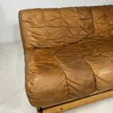 Mid-century cognac leather lounge sofa in oak