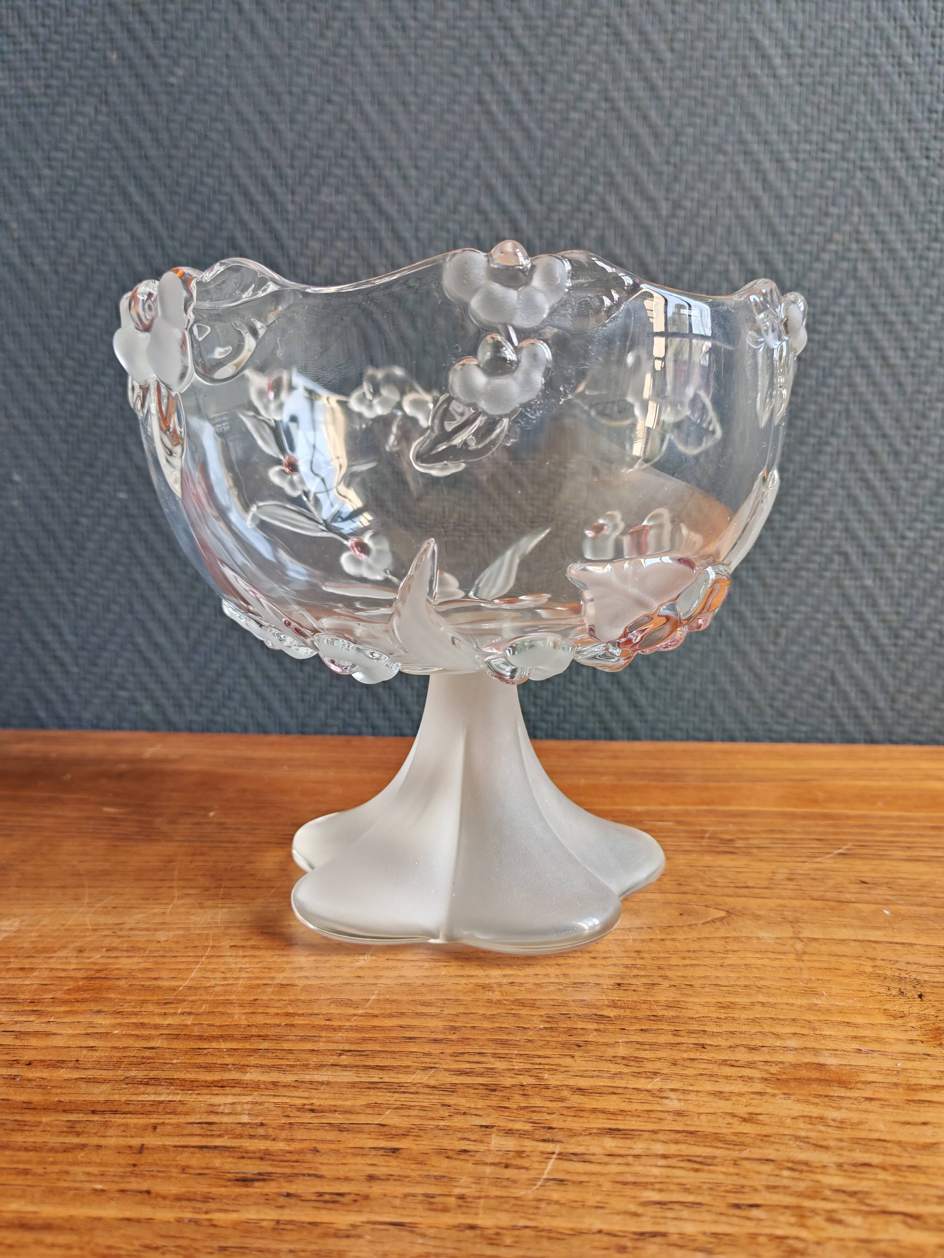 Vintage Frosted Glass Footed Bowl – Relief Decor of Pink Flowers