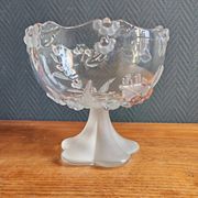 Vintage Frosted Glass Footed Bowl – Relief Decor of Pink Flowers