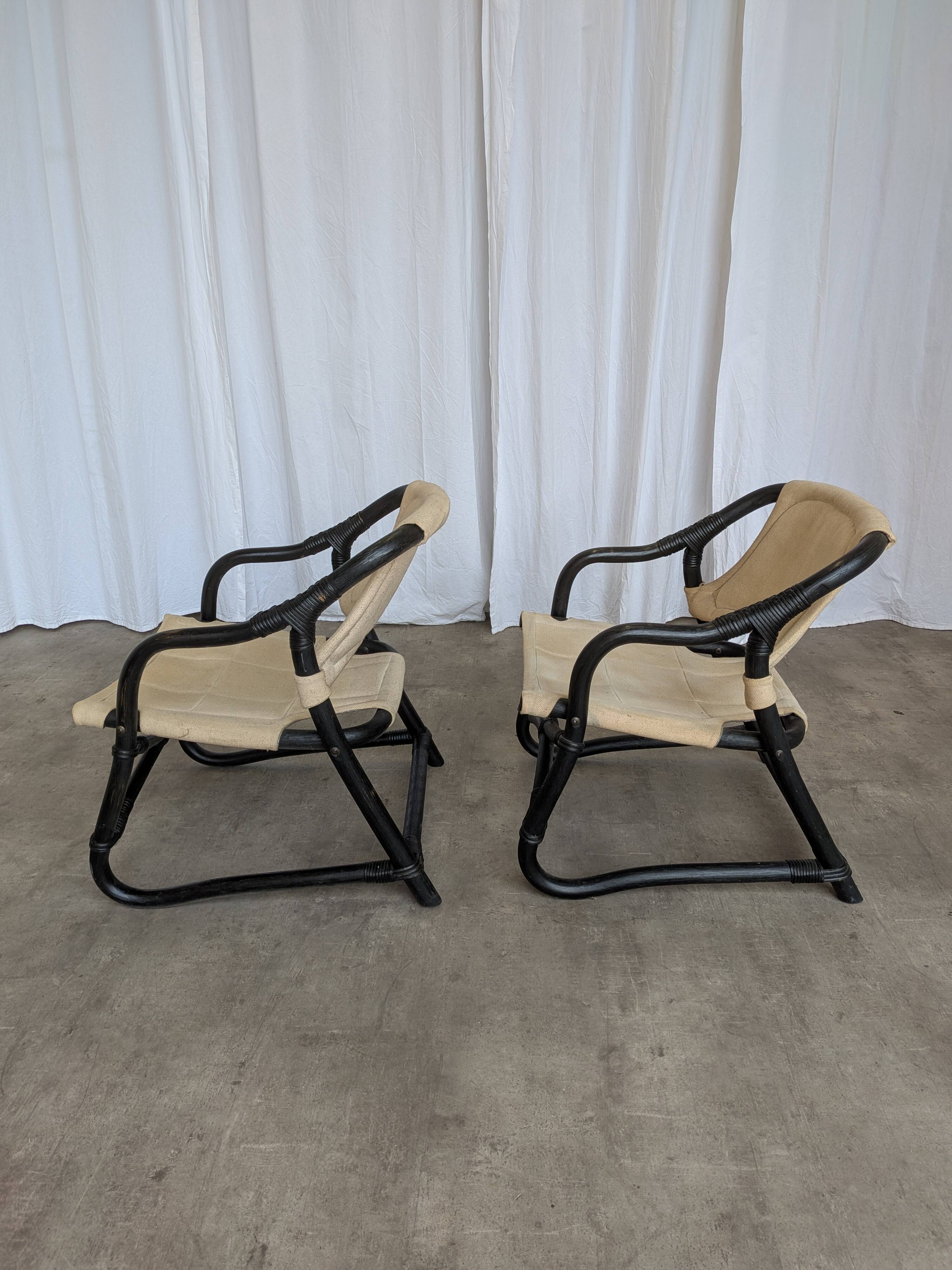 2 Vintage Espri Safari Lounge Armchairs / Rare Mid-century Black Bamboo and Beige Fabric Easy C
