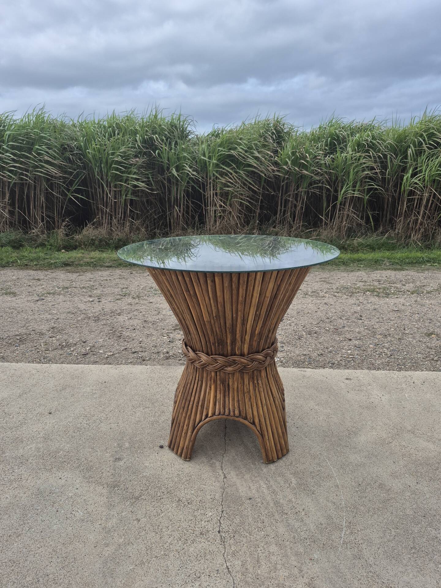 Sheaf of wheat bamboo dining table glass top McGuire 1970s