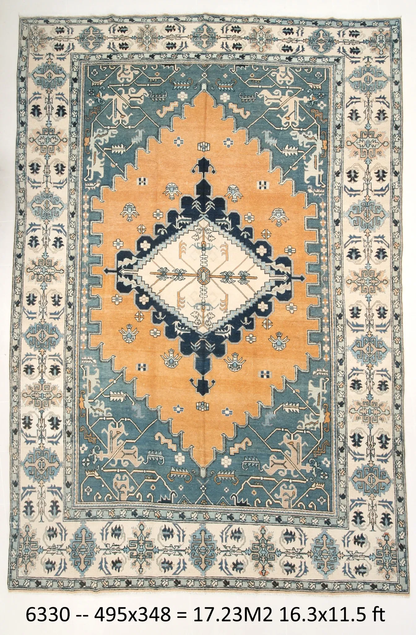 Vintage Large Blue & Peach Persian Rug, Handmade Wool Rustic Decor,348x495