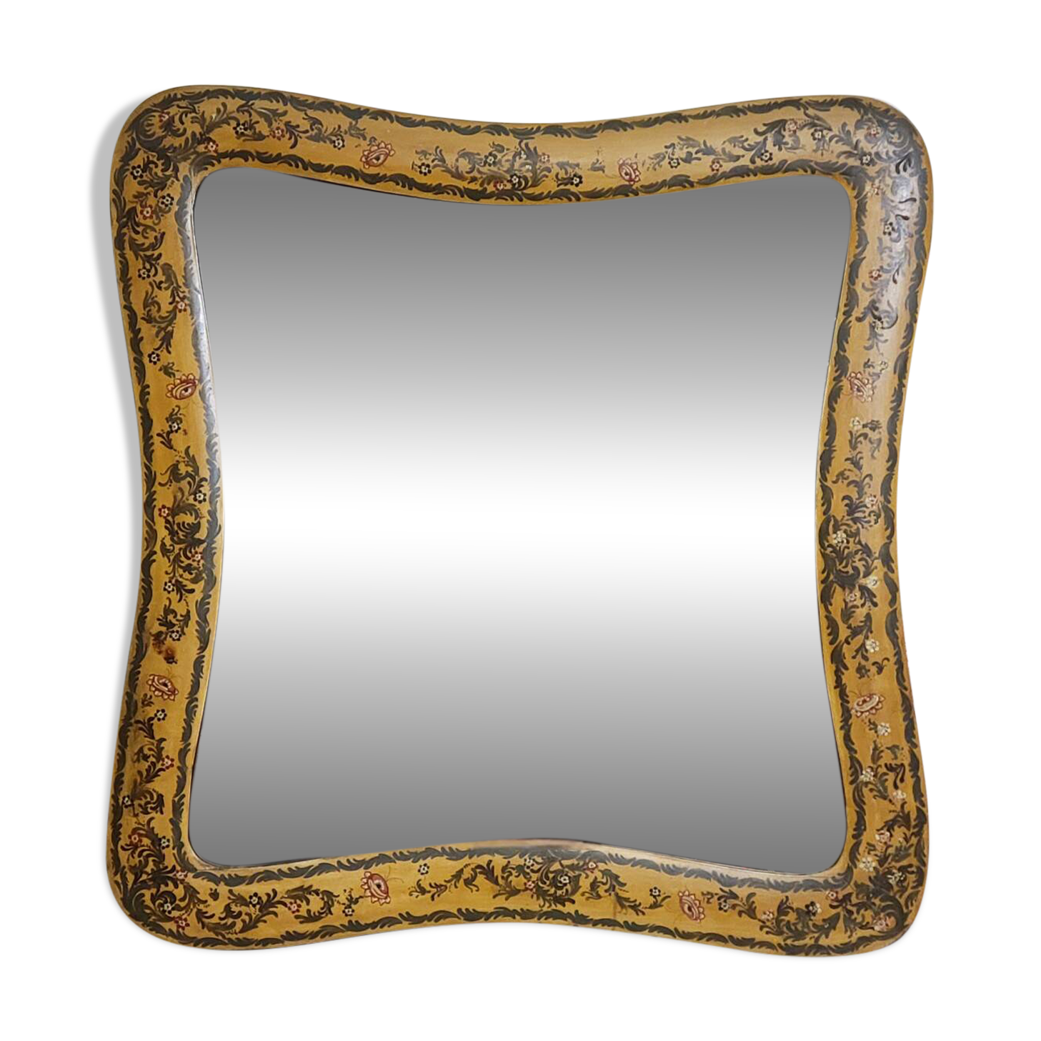 Important rectangular Venetian mirror with a richly painted wooden frame.