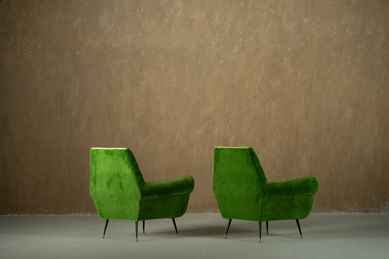 Green velvet armchairs by Gigi Radice, Italy 1950s set of 2