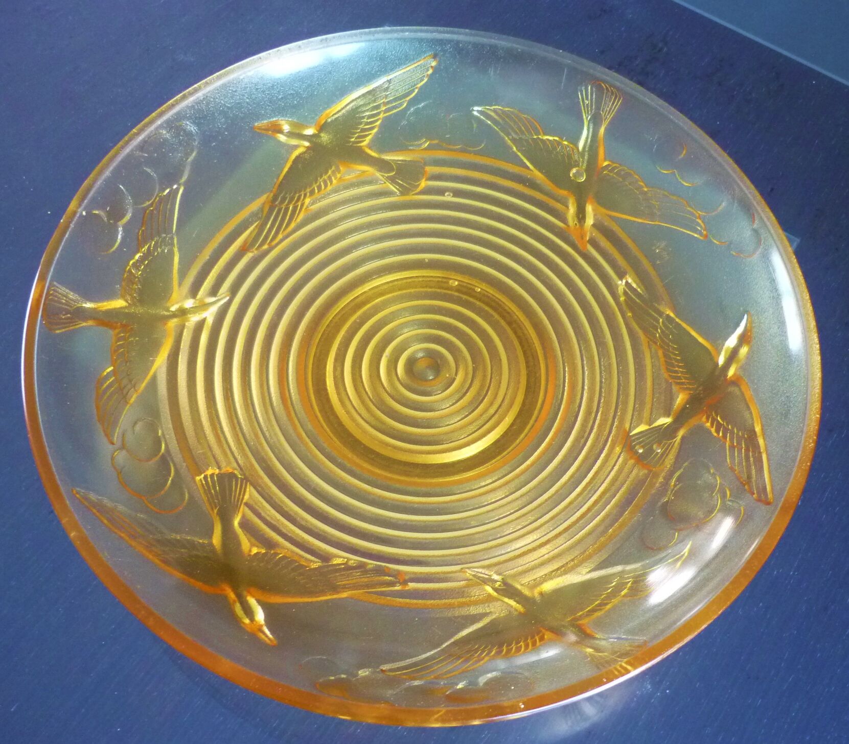 Cup, art deco centerpiece, 1930, pressed glass, molded, signed A.Miguel, albatross