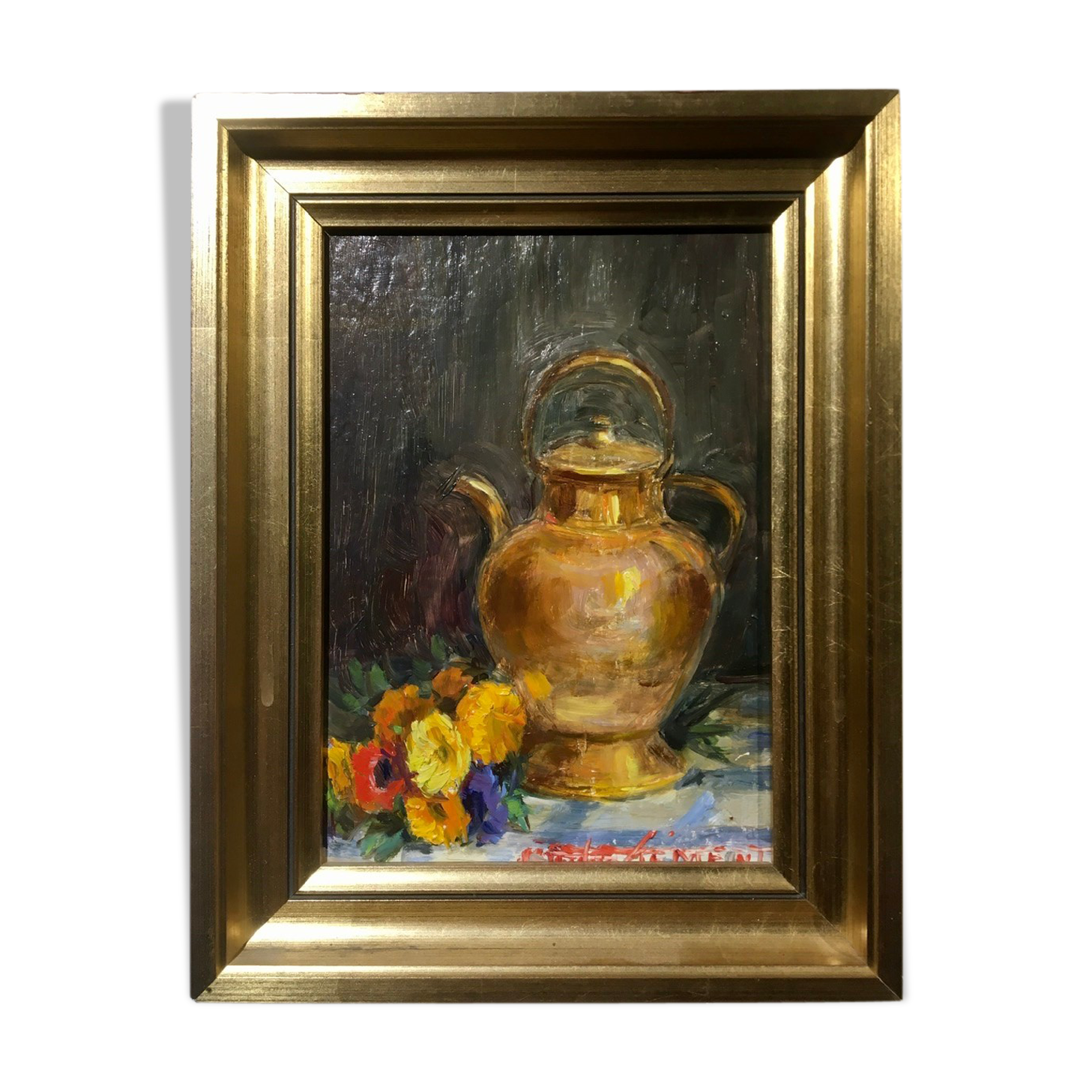 Still life with pourer and bouquet of flowers signed