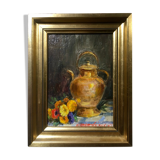 Still life with pourer and bouquet of flowers signed