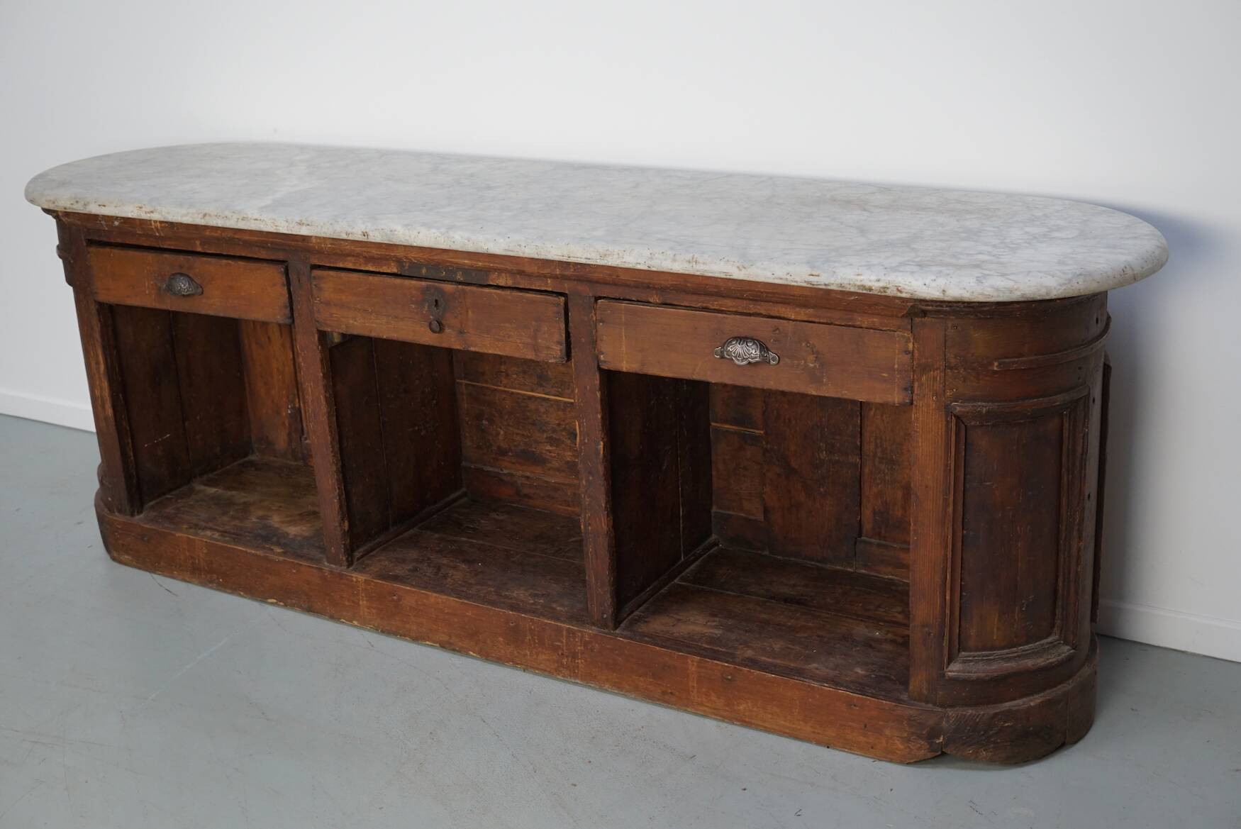 Antique Shop Counter / Kitchen Island in Dutch Pine and Marble, 19th Century