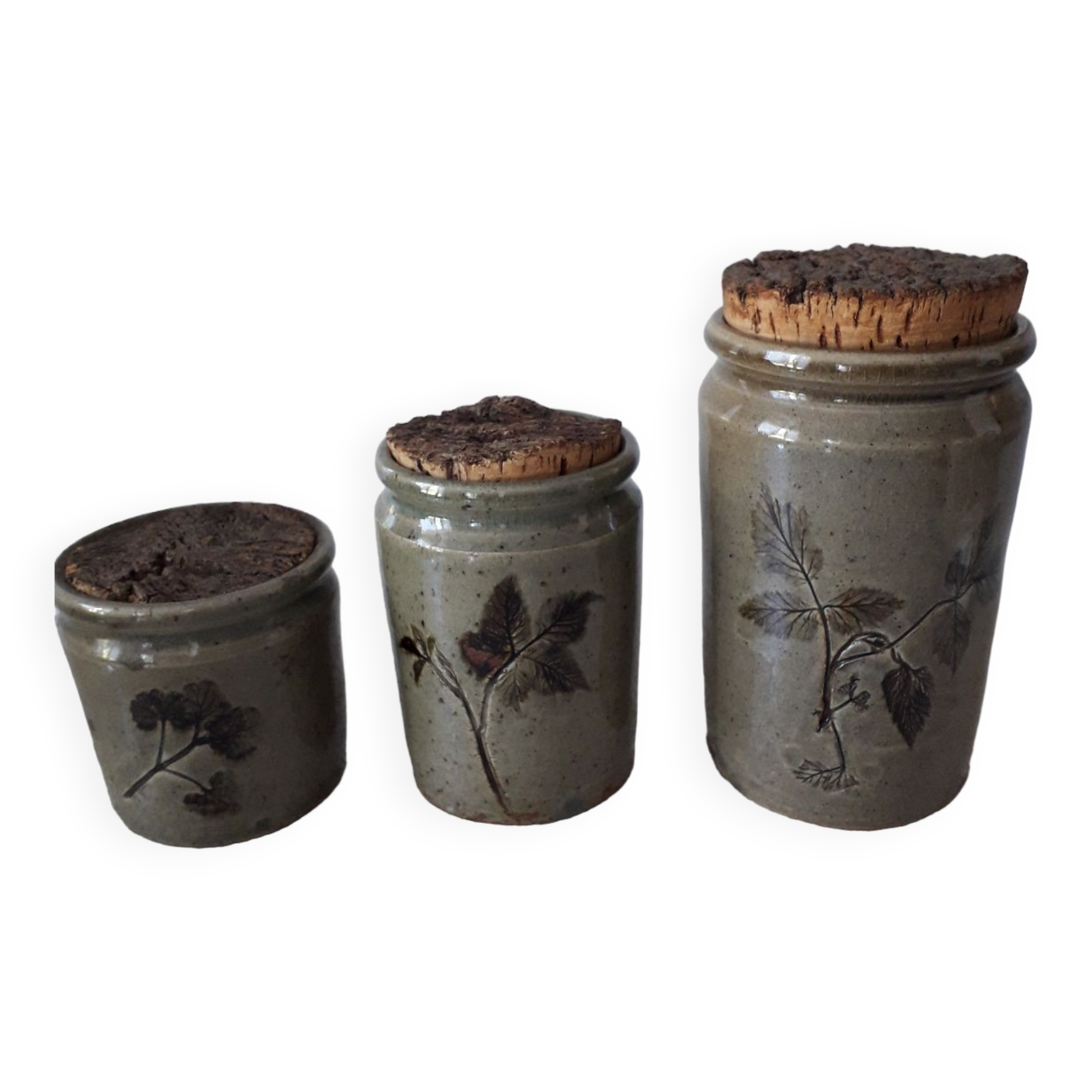 Set of 3 enameled stoneware pots with herbarium motifs Le Rivet