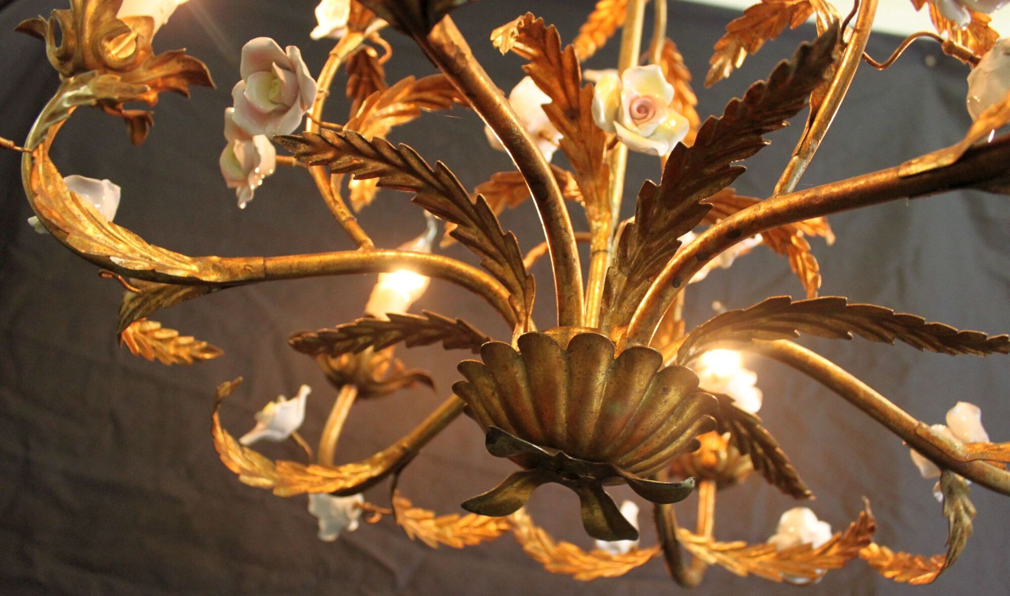 Golden metal chandelier with porcelain flowers, 50's