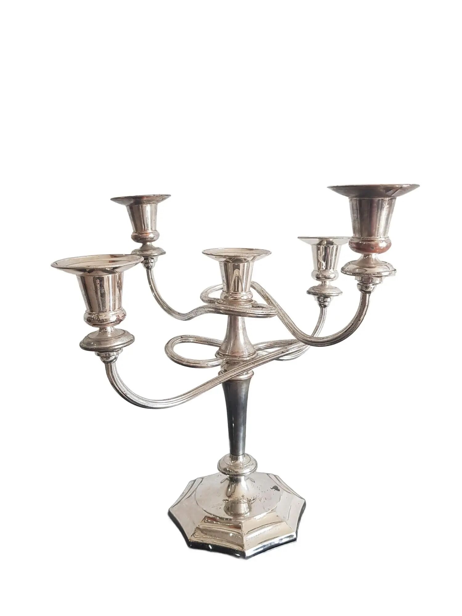 Five-branch chandelier, silvered, silver-plated brass, Italy, 1960s.