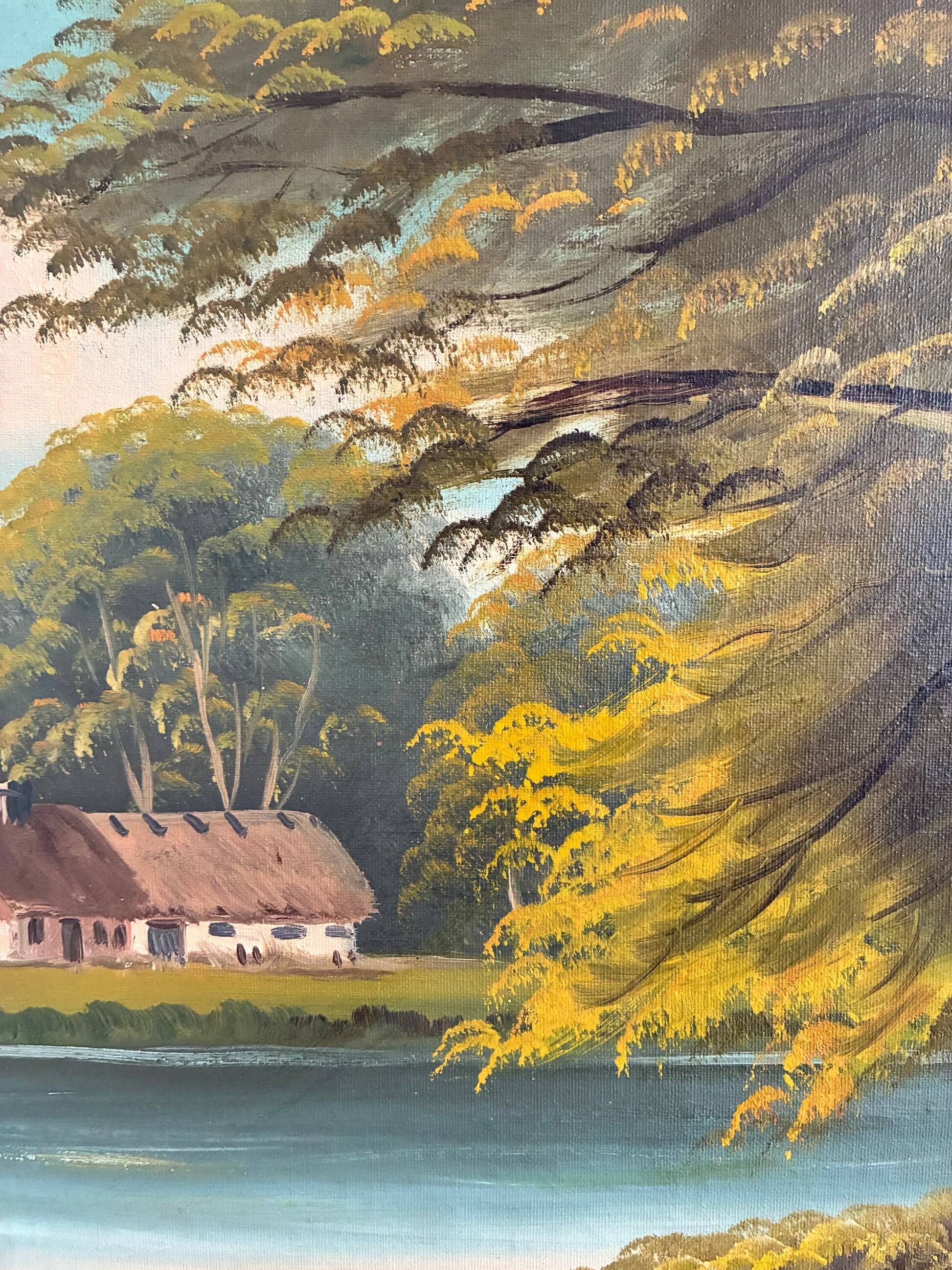 Vintage signed cottage lake landscape oil painting