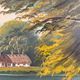 Vintage signed cottage lake landscape oil painting