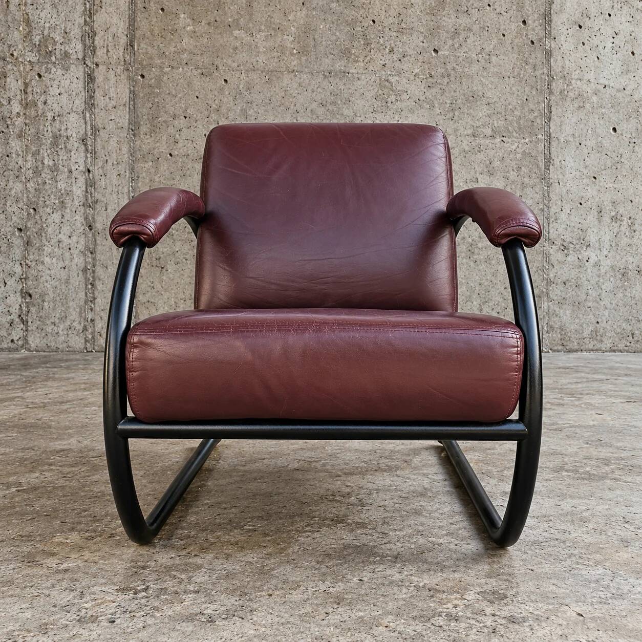 2 x dark brown / bordeaux red / weighty leather club chairs / 1980s