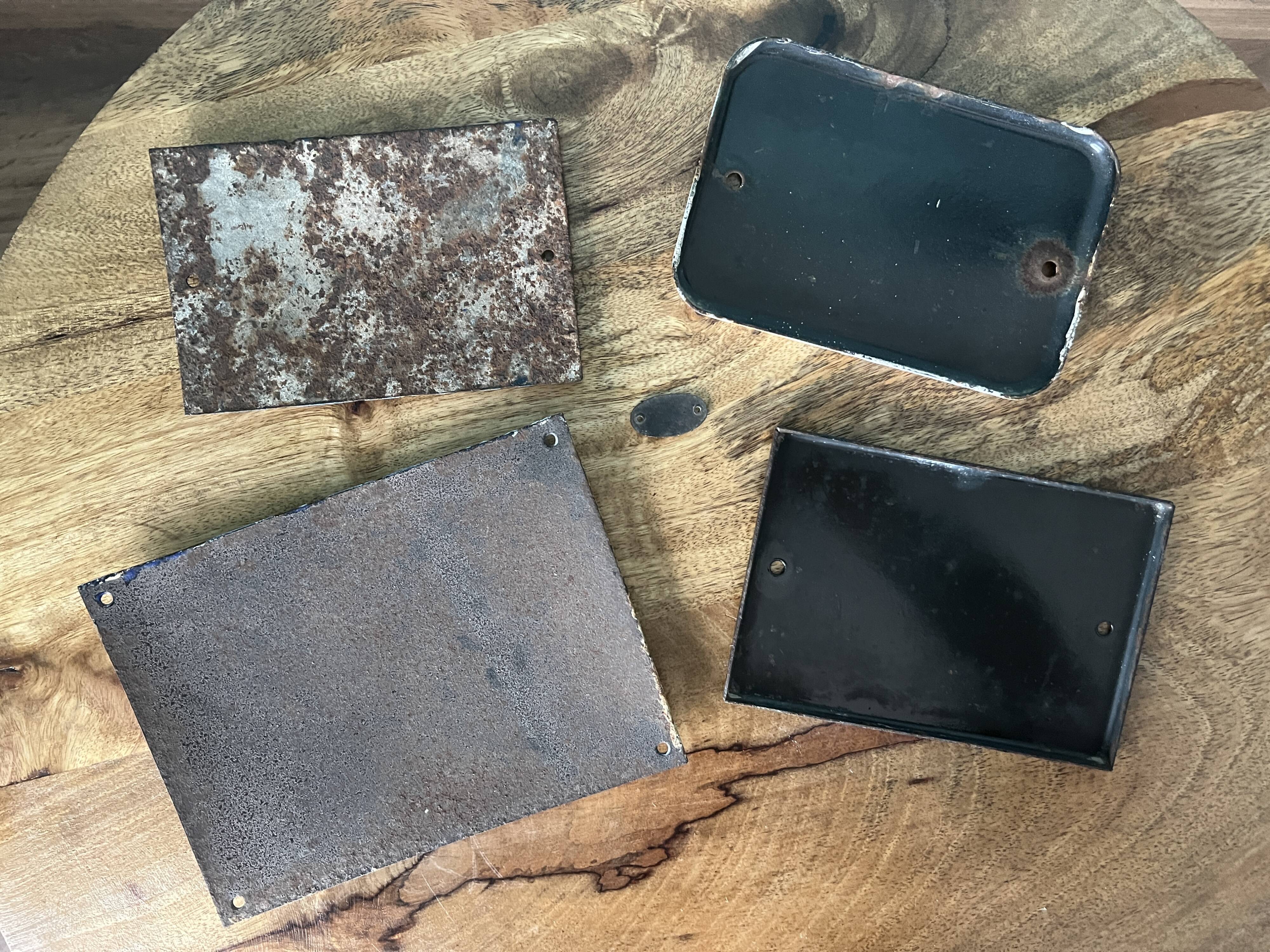 Enameled metal license plates, antique house numbers for retro decor