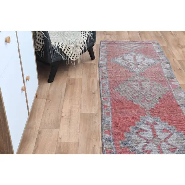 1970s Pink Turkish Handmade Wool Runner Rug, Geometric Motifs 85x328