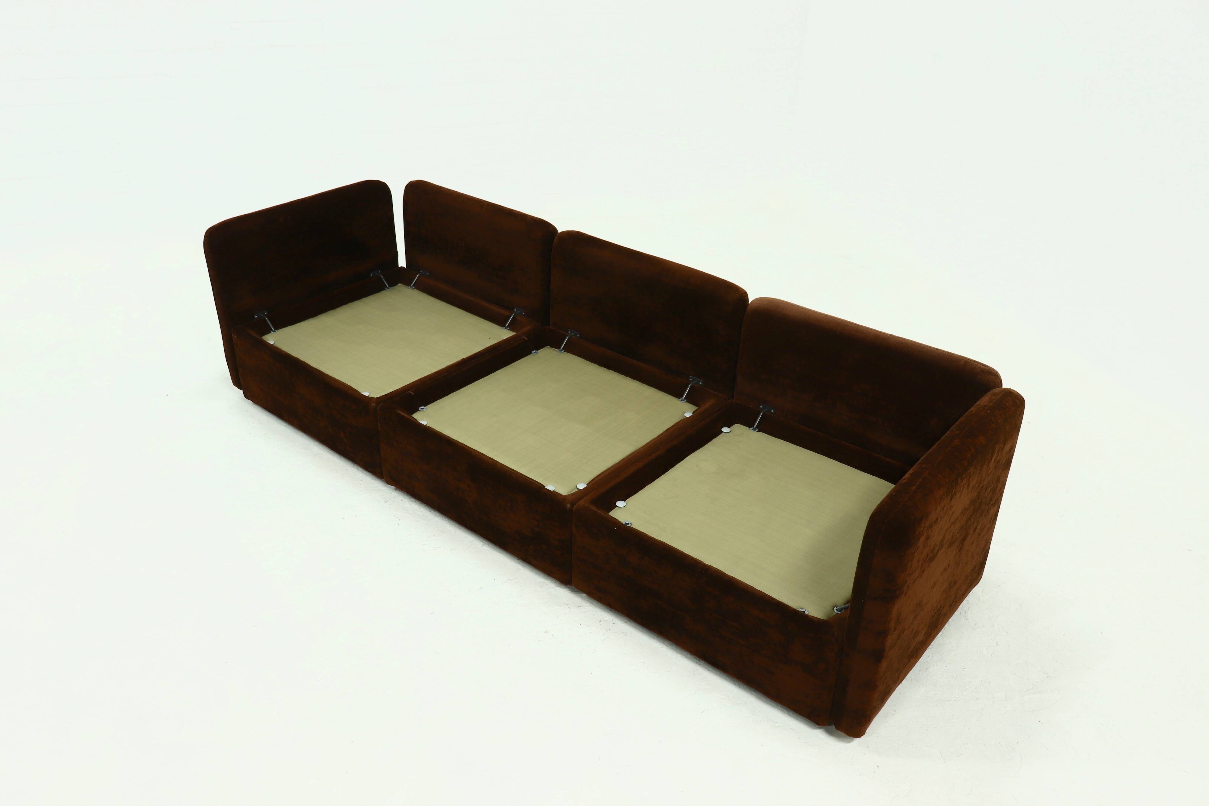 Rare 1970s brown velvet multifunctional modular sofa